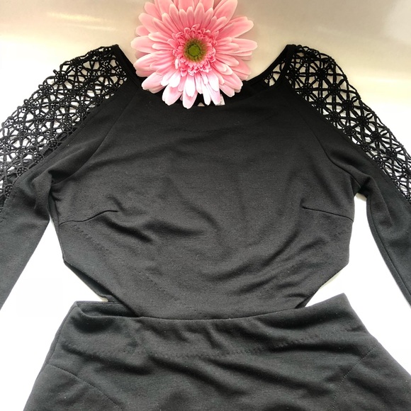 Free People Black Keyhole Crochet Skater Fit And Flare Mini Dress: Black - Picture 5 of 8